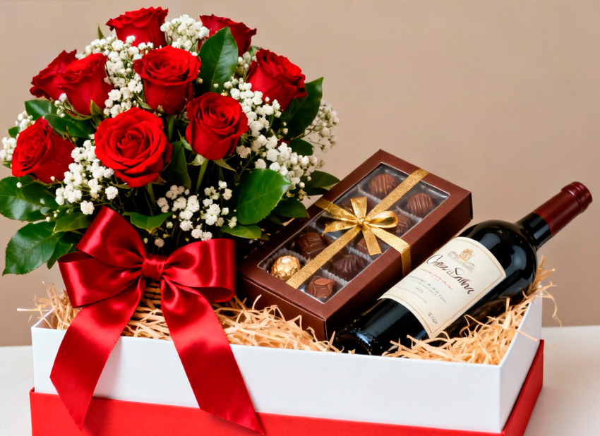 Roses Wine and Chocolate Basket